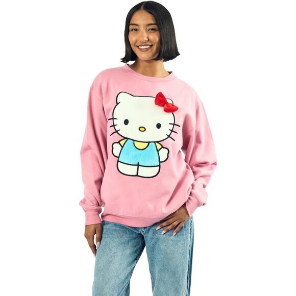 Hello Kitty Plush Face Sweatshirt Women's Pink Crew Neck Oversized Fleece